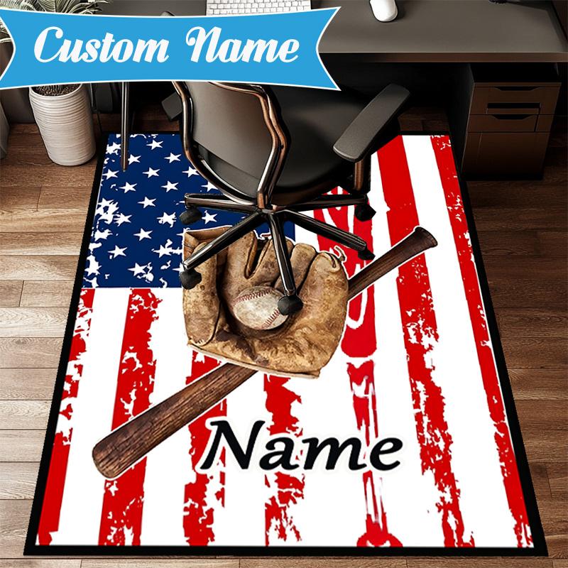 Custom Name Baseball Glove Bat Rug Game Carpet, Floor Mat for Bedroom Living Room Entryway Rug, Home Decor Idea Gift for Christmas birthday