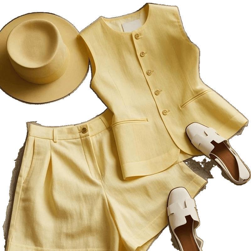 2025 Petite Women's European Style Yellow Vest & Shorts Set - Streetwear Summer Outfit