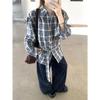 Women's Retro Korean Blue Plaid Tie-Waist Shirt - Long-Sleeve Top for Spring/Autumn 2026