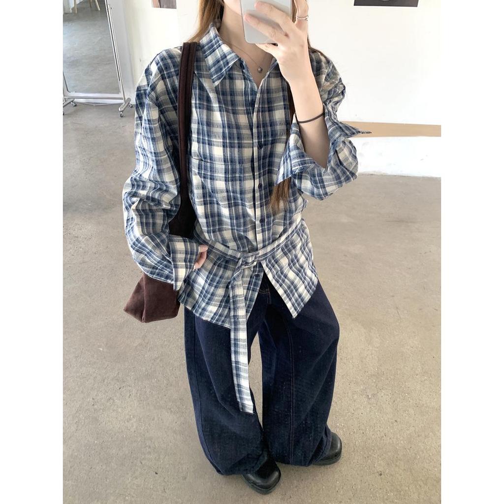Women's Retro Korean Blue Plaid Tie-Waist Shirt - Long-Sleeve Top for Spring/Autumn 2026
