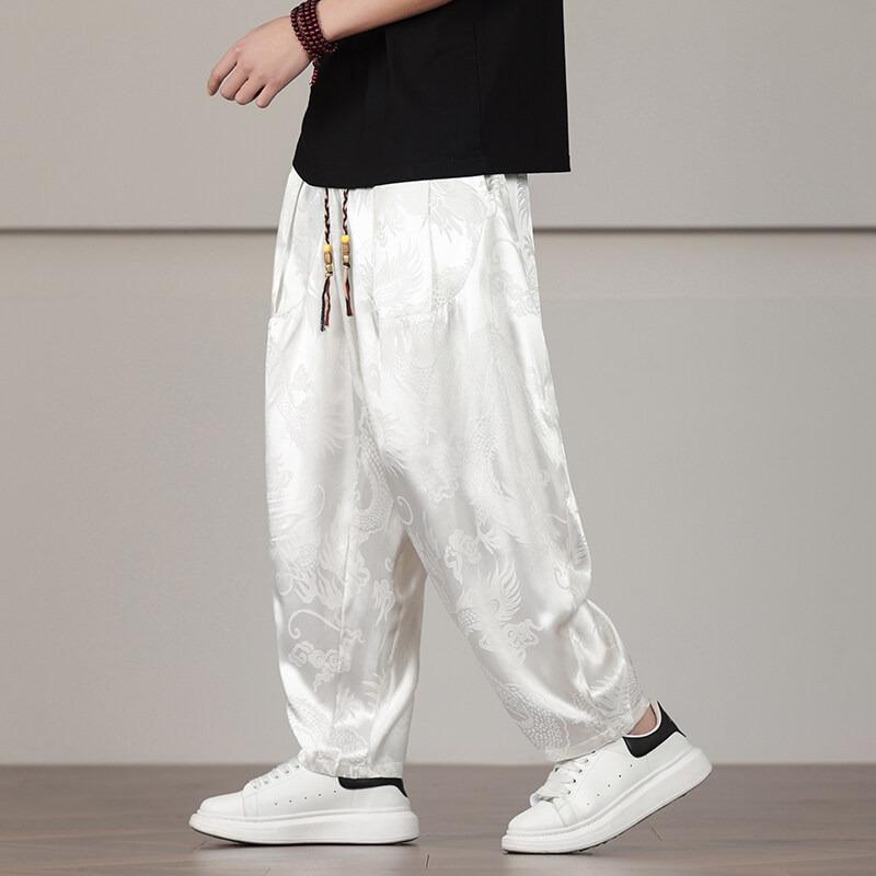 Mens Chinese Dragon Jacquard Drawstring Waist Loose Harem Pants