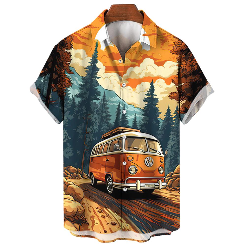 

Винтажная мужская рубашка для мужчин с коротким рукавом, футболки с принтом «Пляж и автомобили» 3D, летняя толстовка, футболки, дизайнерская мужская одежда 5XL