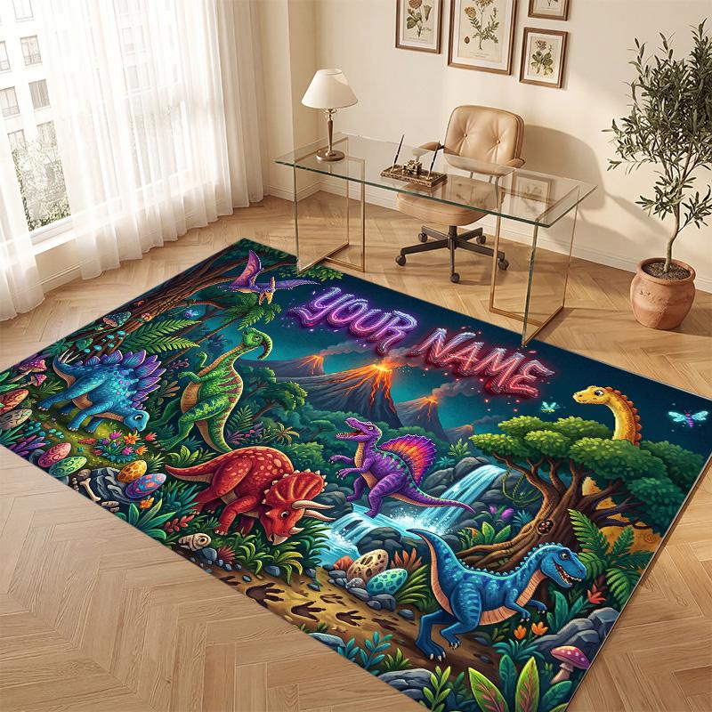Dinosaur Theme Soft Crystal Velvet Rug Custom Name & Text Print Non Slip Floor Rug for Bedroom Living Room