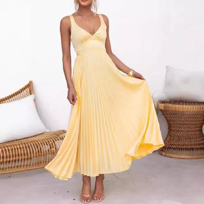 Damen V-Ausschnitt Ärmellos Einfarbig A-Linie Hohe Taille Elegant Falten Satiniert Maxikleid Abendparty Slip Sommerkleid