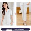 Women's Navy Blue Short-Sleeved Collarless Suit Set - Summer Workwear for Jewelry Shop Sales.