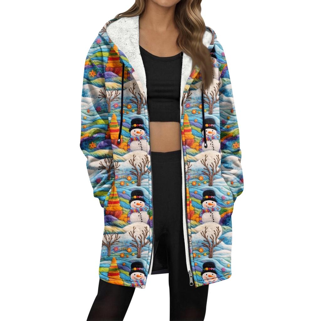 Women's Christmas Printed Fashionable Loose Zipper Fleece Hoodie Jacket