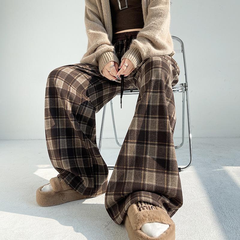 Plaid straight-leg pants women's autumn and winter velvet versatile soft waxy drape casual thermal pants
