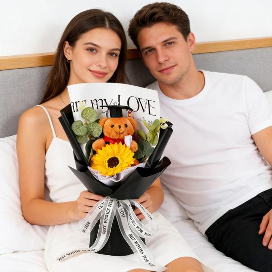 Studentgosedjurshjärte Virkad Solrosbukett Handstickad Garn Konstgjord Blomma med Studentgosedjur Dekoration Studentfest Presenter