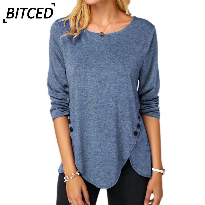 BITCED Women's Fashion Casual Solid Color Print Long Sleeve O-Neck Blouses & Shirts