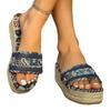 Women's Wide Width Ethnic Style Platform Slides - Jute Wedge Sole Color Block Sandals for Summer, Bohemian Mules