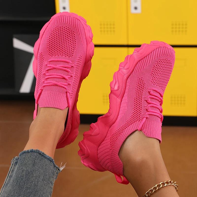 Women's Sports Shoes Comfortable Lightweight Mesh Breathable Trendy Flat Shoes Solid Color Summer Fitness Womens Hiking Shoes