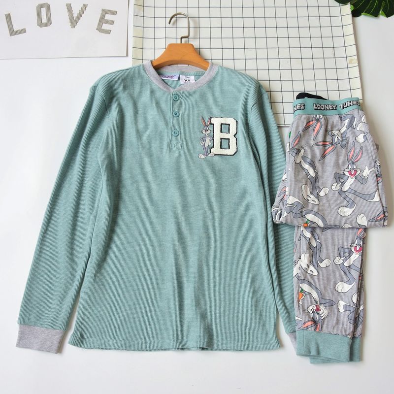 

Foreign Trade Women Spring and Autumn Knitted Cotton Cartoon Print Pajamas Set Casual Stretch round Neck Long sleeve Trousers Home Wear