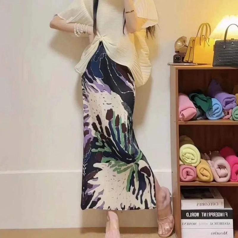 Women s Miyake Style Pleated Abstract Floral Print Slit Skirt S