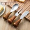 Vertical Wooden Handle Stainless Steel Cheese and Butter Utensil Set: Knife, Fork, Spreader
