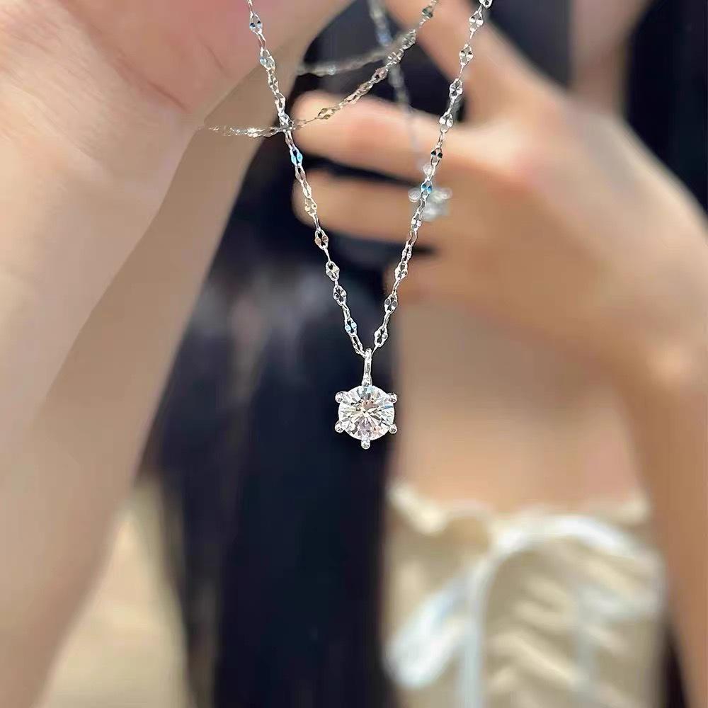 S925 Sterling Silver Necklace with Moissanite Six-Claw Pendant – Elegant, Versatile Light Luxury Clavicle Chain