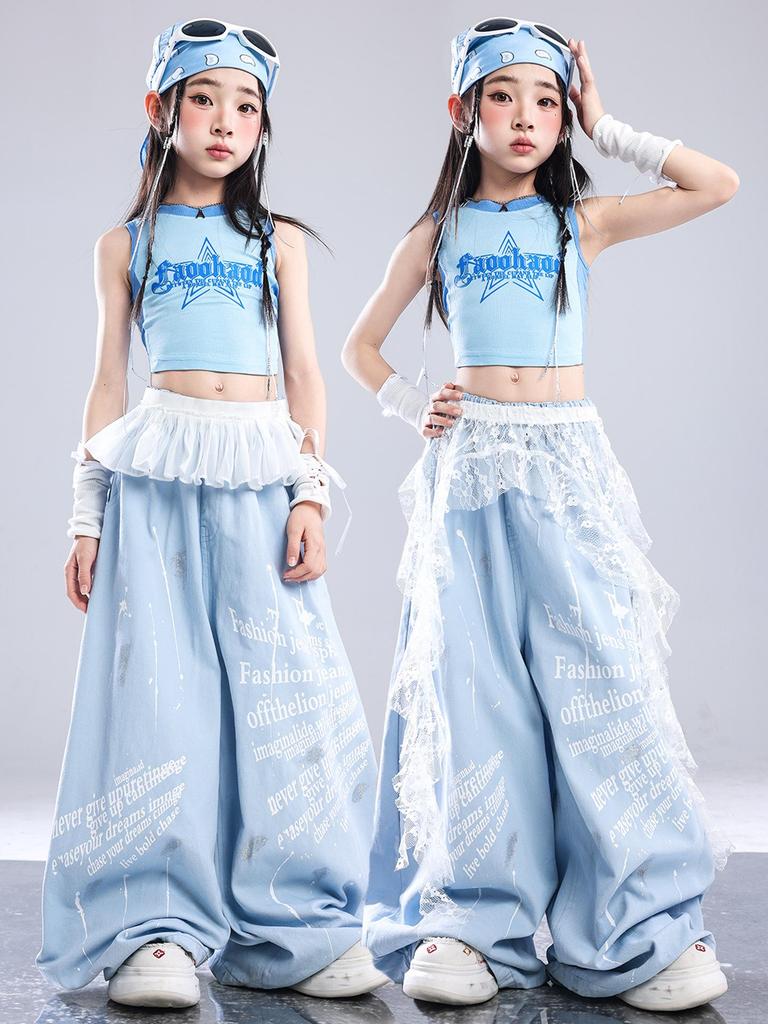 Trendy Blue Jazz Dance Costumes for Girls - Fashionable Performance Outfits for Children's Fashion Shows