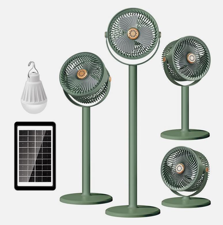 A humidifying spray floor fan featuring a brushless motor, 12-speed shaking function, outdoor lighting, emergency mobile phone charging capability