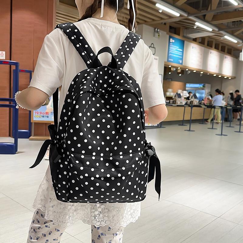 New Casual Popularity Dots Nyl Large Capacity Backpacks 2026 High Quality Cute Bow Fresh Retro Portable School Bags for Women