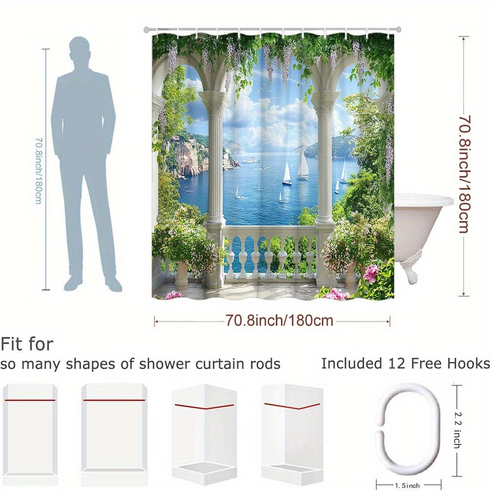 Waterproof Luxury Shower Curtain Tropical Mediterranean Scenic Beach View Floral Design Bathroom Decor 180x200cm