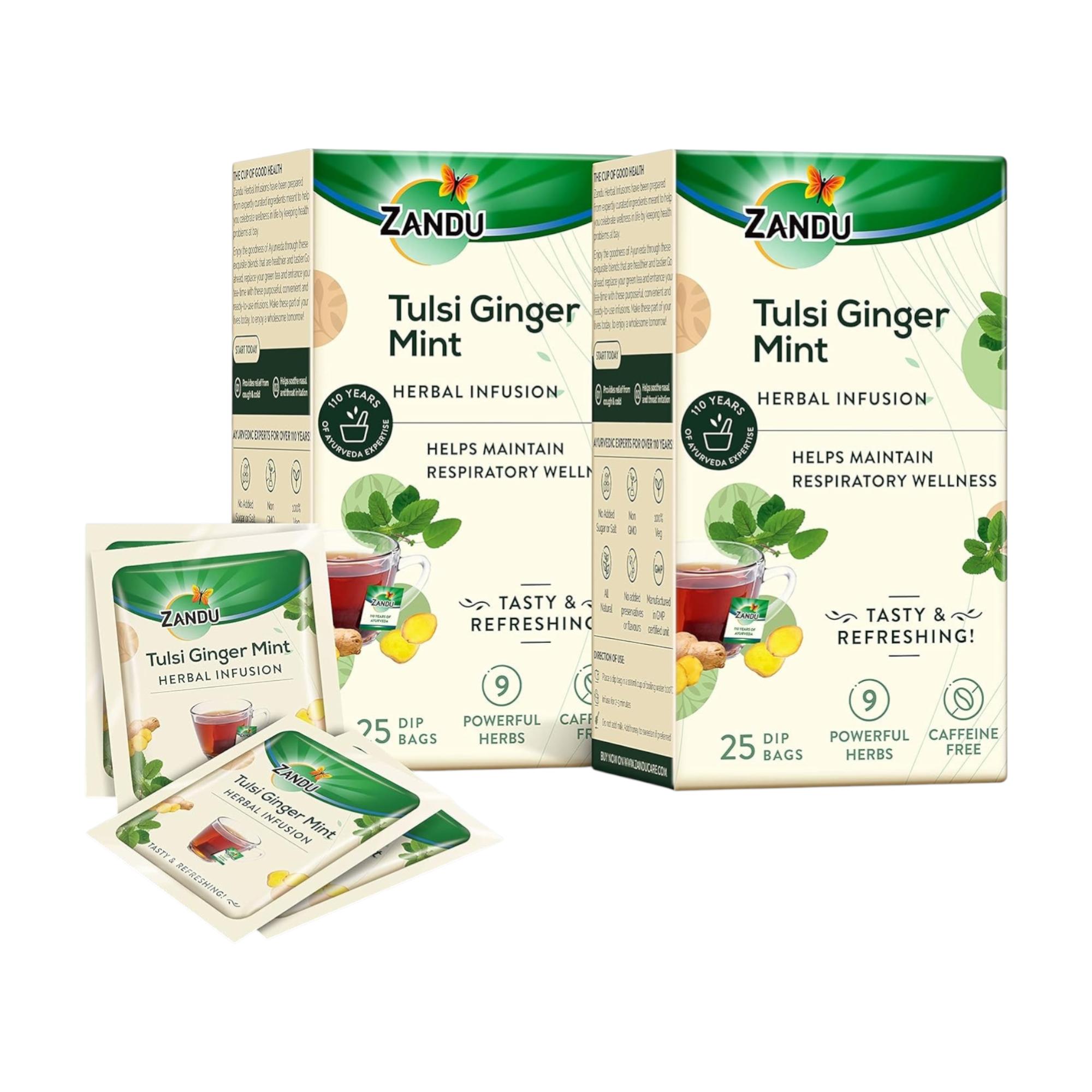 

Травяной чай Zandu Tulsi Ginger Mint, 25 пакетиков x 2 упаковки – Освежающий аюрведический напиток для здоровья