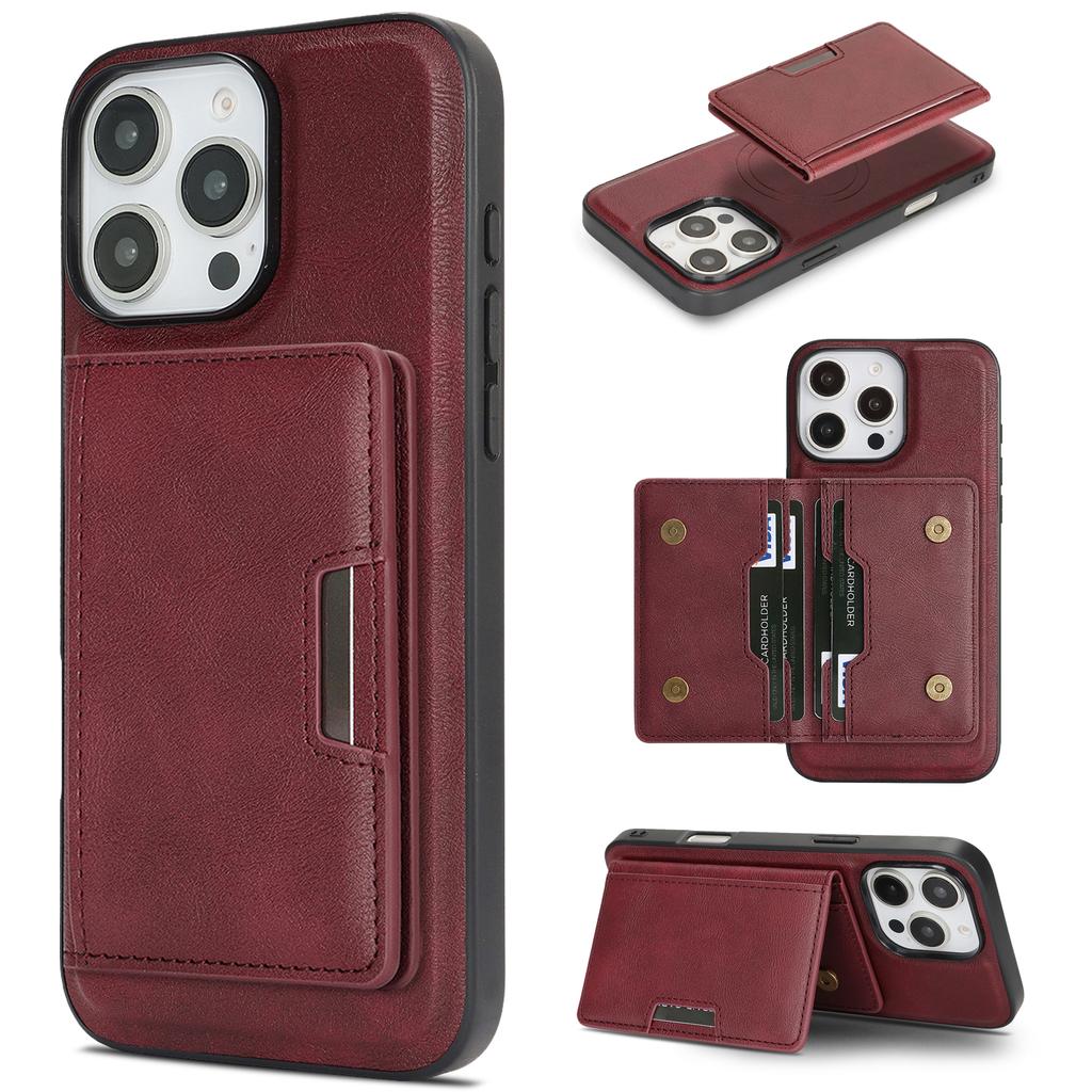 For iPhone 15 Pro Kickstand Case Bi-fold Card Bag PU Leather Coated TPU Cover Compatible with MagSafe