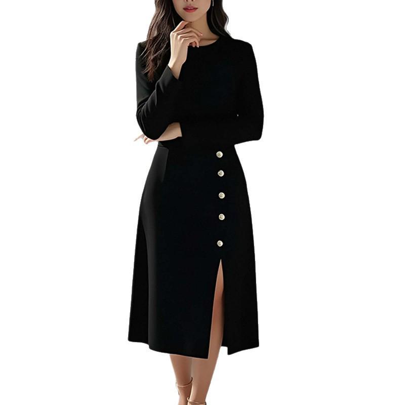 2026 Spring European & American Women's Elegant Slimming Evening Gown - Solid Color Long Dress with Slit