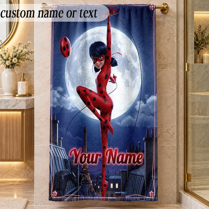 Strandtuch Miraculous Ladybug Benutzerdefinierter Name Text Personalisierbares Weiches Handtuch für Strand Pool Innen Hausdekoration Geschenk