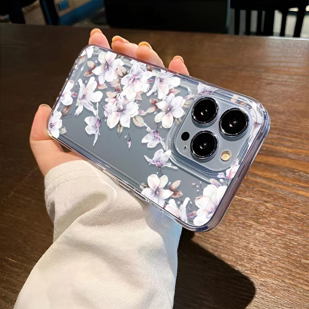 Luxury White Flower Transparent Case For iPhone 16 15 11 12 13 14 Pro Max Hard TPU Cases For iPhone 16E Back Cover Clear Case