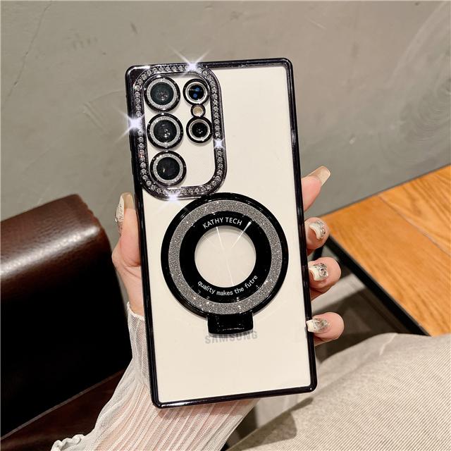 For Samsung Galaxy S25Ultra Luxury Flash Diamond Plating Frame Glitter Stand Holder Phone Case For Samsung S22 S23 S24Plus Cover