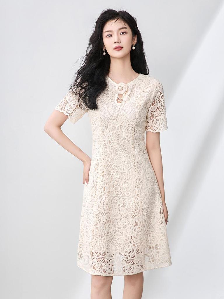 French Sequin Embroidered Lace Dress, Round Neck, Elegant Waist-Gathering, Summer Style for Women.