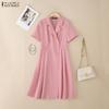 ZANZEA Vestido feminino casual gola virada para baixo verão manga curta