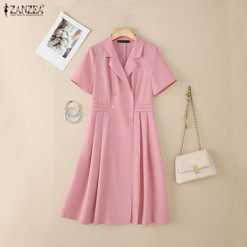 ZANZEA Vestido feminino casual gola virada para baixo verão manga curta