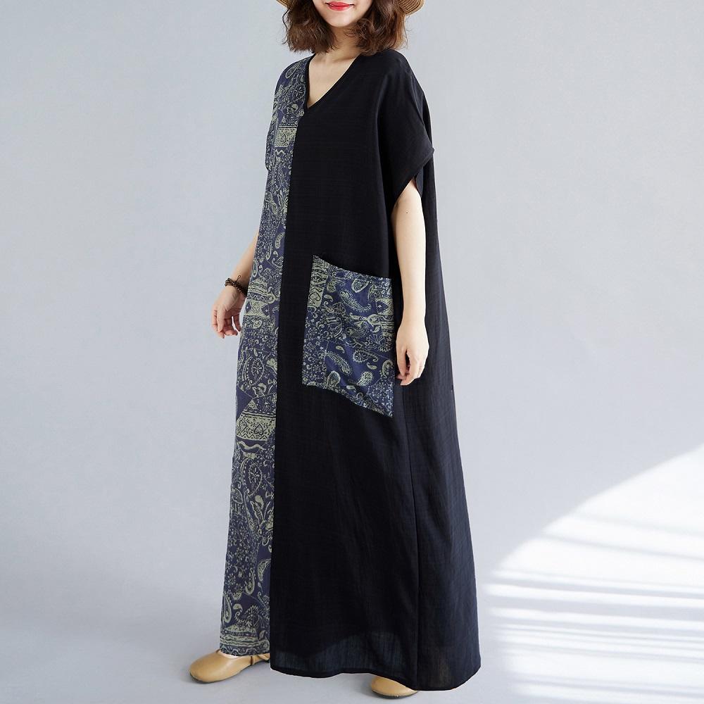Short sleeve Plus size vintage Patchwork new in dresses for women casual loose long summer dress