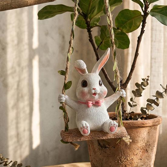 Rabbit on A Swing Ornament Durable Resin Waterproof Hanging Decor with Hemp Rope And Leaf Design Pendant for
