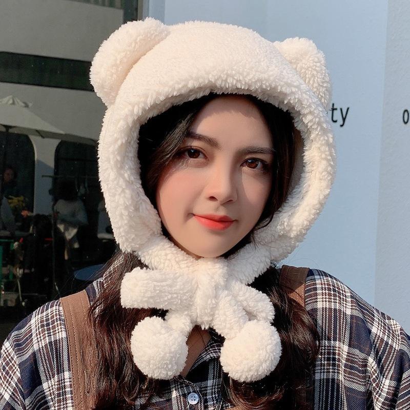 Winter Cute Bear Ears Warm Hat Women Beanies Windproof Cap Student Women Add Wool Cap Female Bomber Hat Present