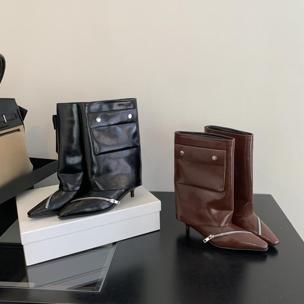 2025 autumn and winter pointed-toed stiletto short boots fashion personalized bag decoration Spice Girls big tube circumference boots