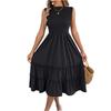Women's Fashionable Color Round Neck Casual Sleeveless Dress With A Gathered Waist And Black Fungus Edge