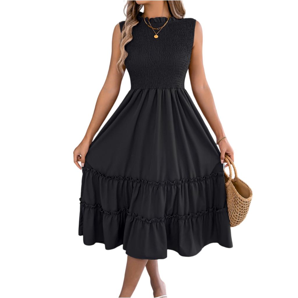 Women's Fashionable Color Round Neck Casual Sleeveless Dress With A Gathered Waist And Black Fungus Edge