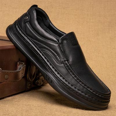 Soft Soled Cowhide Leather Shoes with Stitching Men's Casual Leather Shoes with Flanged Thick Sole Middle-aged Lazy Shoes