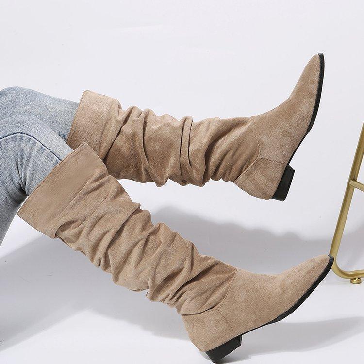 2025 Winter New Pleated Boots Women's Foreign Trade Large Size Tall Martin Boots European and American Suede Thick Heel Piled Riding Boots