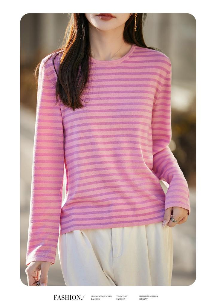 Women's French Retro Stripe Knitwear: Long Sleeve Round Neck Thin Wool Autumn Shirt