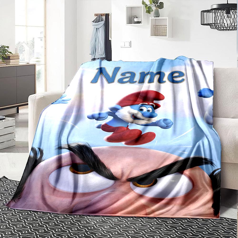 Custom Name Smurfs Theme Printed Blanket Perfect For Couch Bed Travel Outdoor Use Machine Washable Cozy Durable