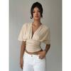 Women Wrap V Neck Crop Top Batwing Short Sleeve Ruched Casual Blouse