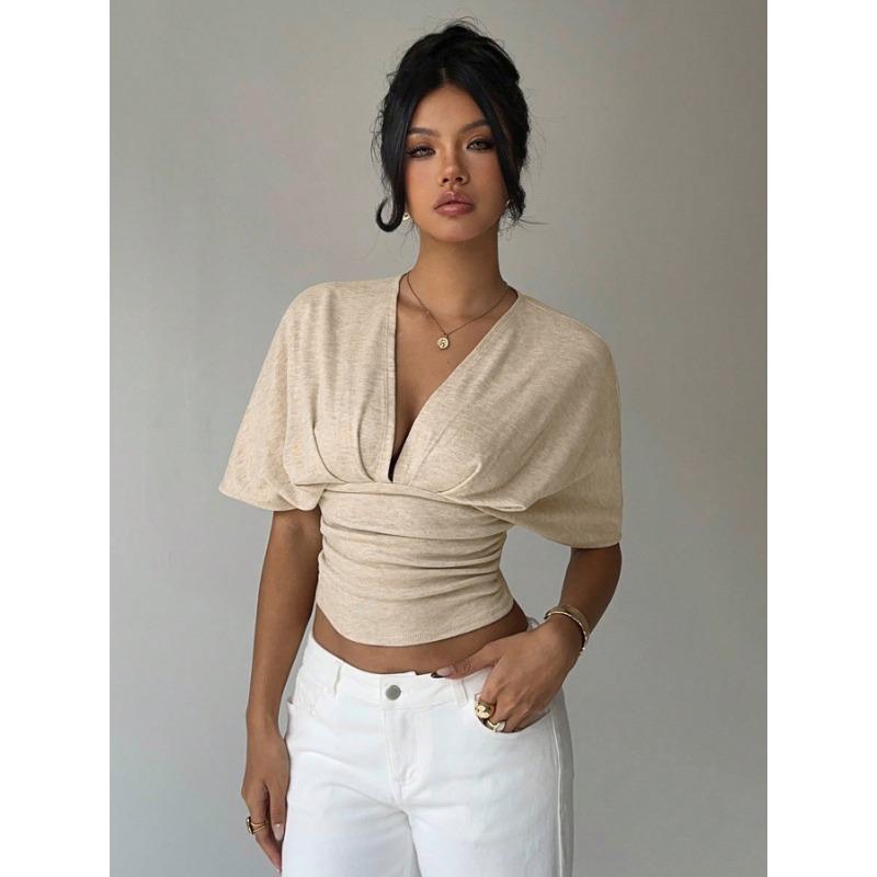 Women Wrap V Neck Crop Top Batwing Short Sleeve Ruched Casual Blouse
