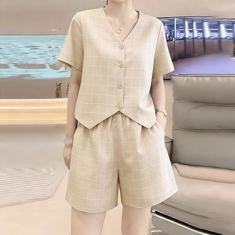 ZANZEA Women Short Sleeve Blouse and Shorts Plaid Print Casual Two Piece Suit Sets