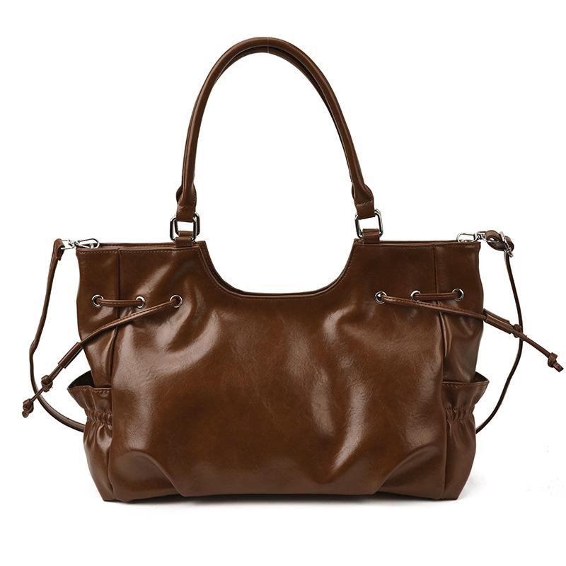 Large Capacity PU Tote Bag Women Fashion Shoulder Bag With Drawstring Detail Soft Texture Handbag Everyday Use