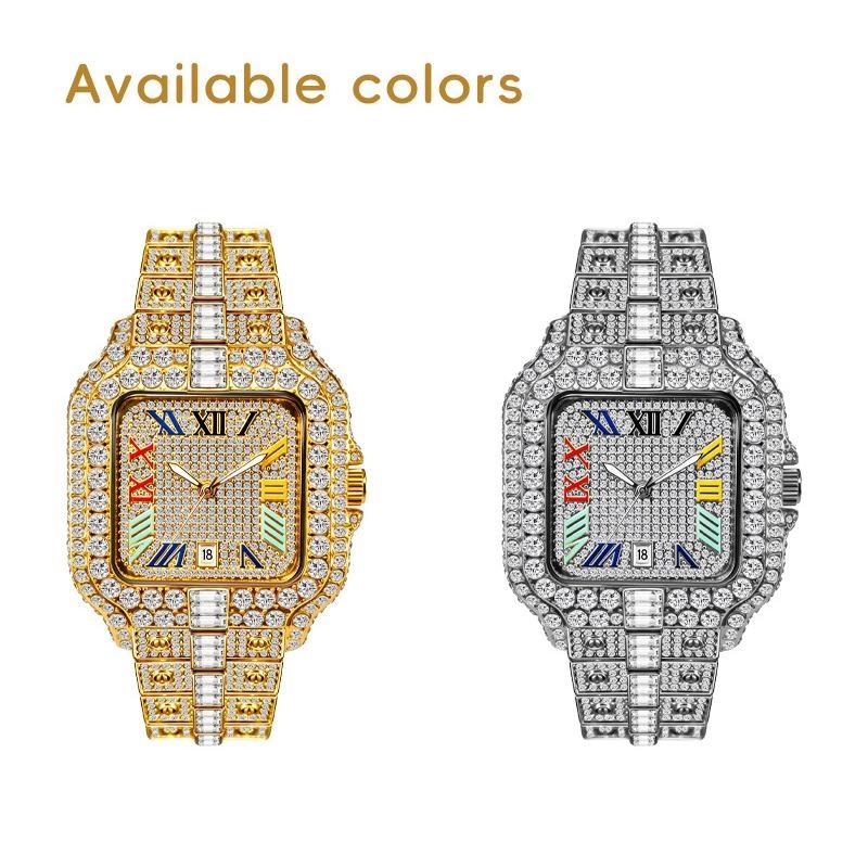 Mens Iced Out Watch Square Full Diamond Quartz Wrist Watch with Luminous Hands Date Waterproof Hip Hop Style