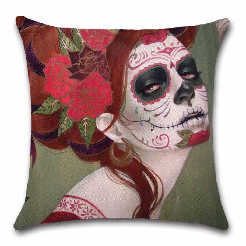 Home Sofa Seat Car Friend Office Gift Pillow Cover Skull Mexican Day of The Dead Goth Girl Linen Cushion
