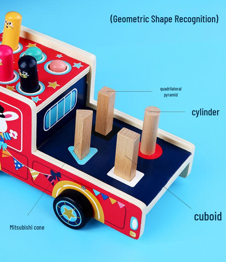 Wooden Cartoon Pull-Along Car & Whack-a-Mole Shape Matching Toy
