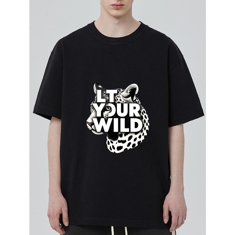 Black T-Shirt With Leopard Print And Let Your Wild Text For Casual Wear S